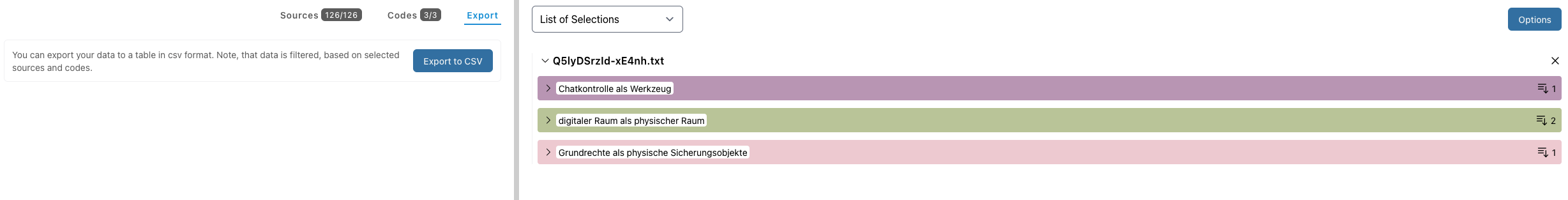 Der Screenshot zeigt den "Analysis"-Tab in OpenQDA. Hier gibt es die Möglichkeit zum CSV-Export